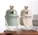 Cute Bunny Ear Glass Water Bottle with Pearl Handle | Aesthetic Portable Drinking Bottle