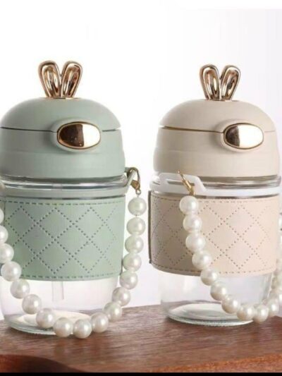 Cute Bunny Ear Glass Water Bottle with Pearl Handle | Aesthetic Portable Drinking Bottle