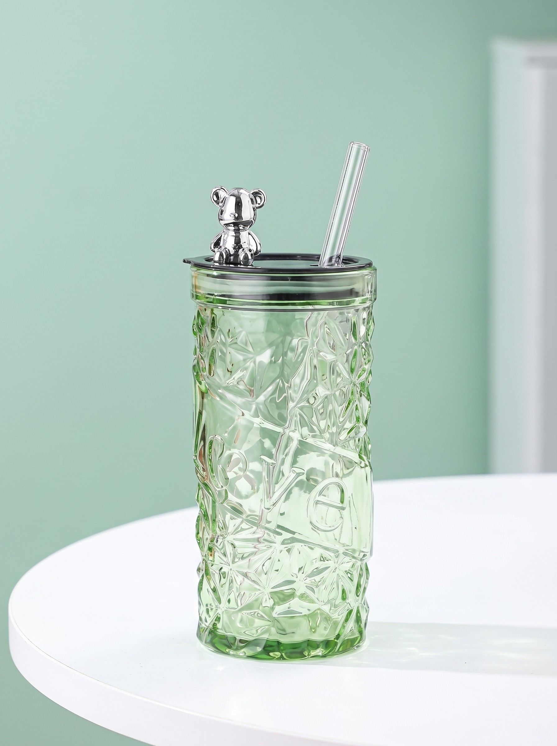 Cute Bear Glass Tumbler with Straw