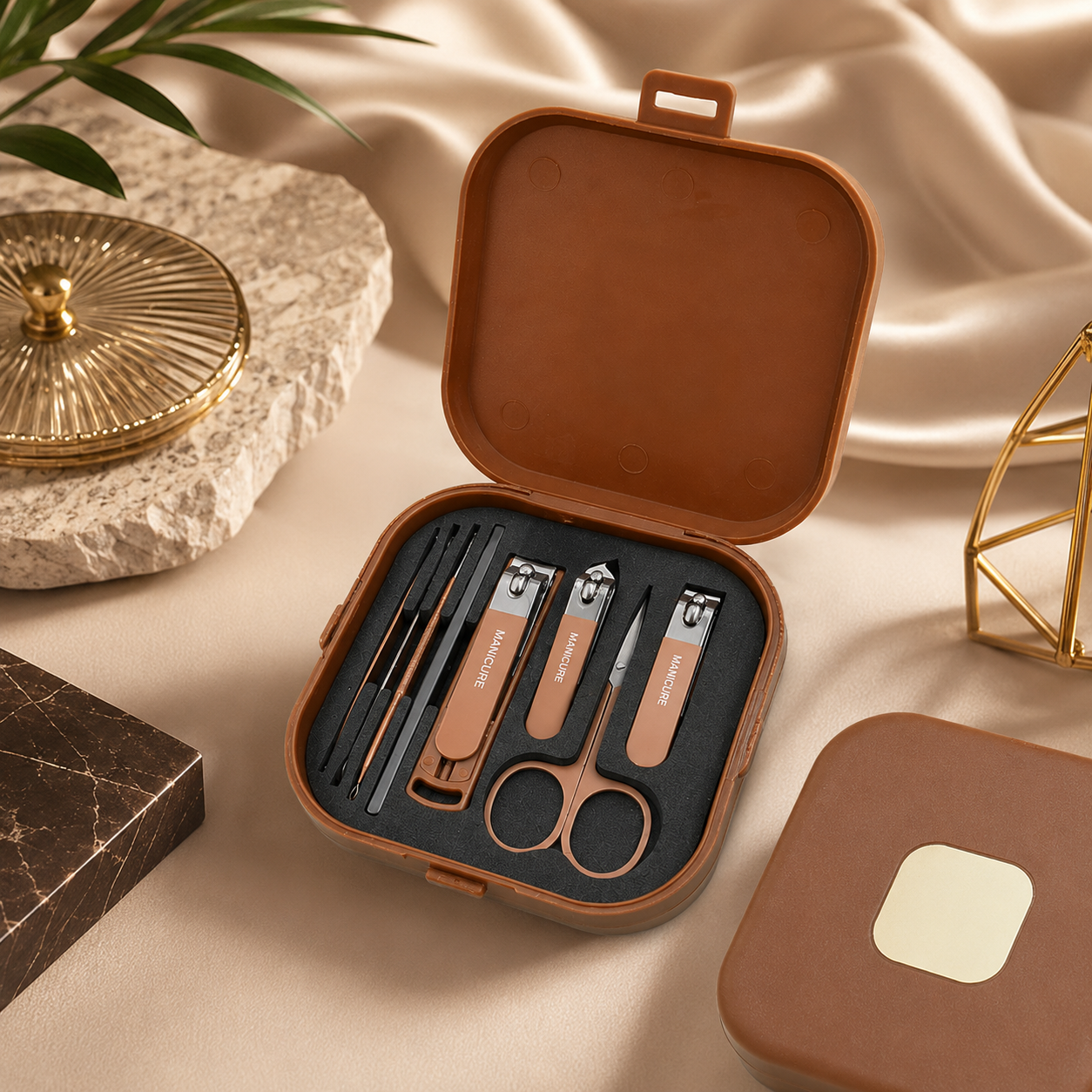 7-in-1 Premium Manicure & Pedicure Kit – Stainless Steel Nail Care Grooming Set with Portable Travel Case (Brown) - Image 2