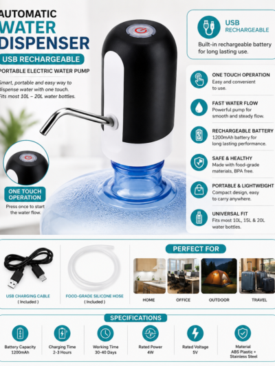 MAXTOP Automatic USB Rechargeable Water Dispenser Pump for 20L Water Bottle – Portable Electric Water Pump