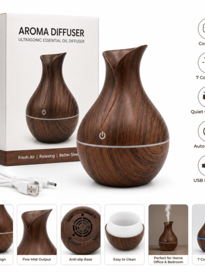Wood Grain Ultrasonic Aroma Diffuser with 7 Color LED Light & Auto Shut-Off