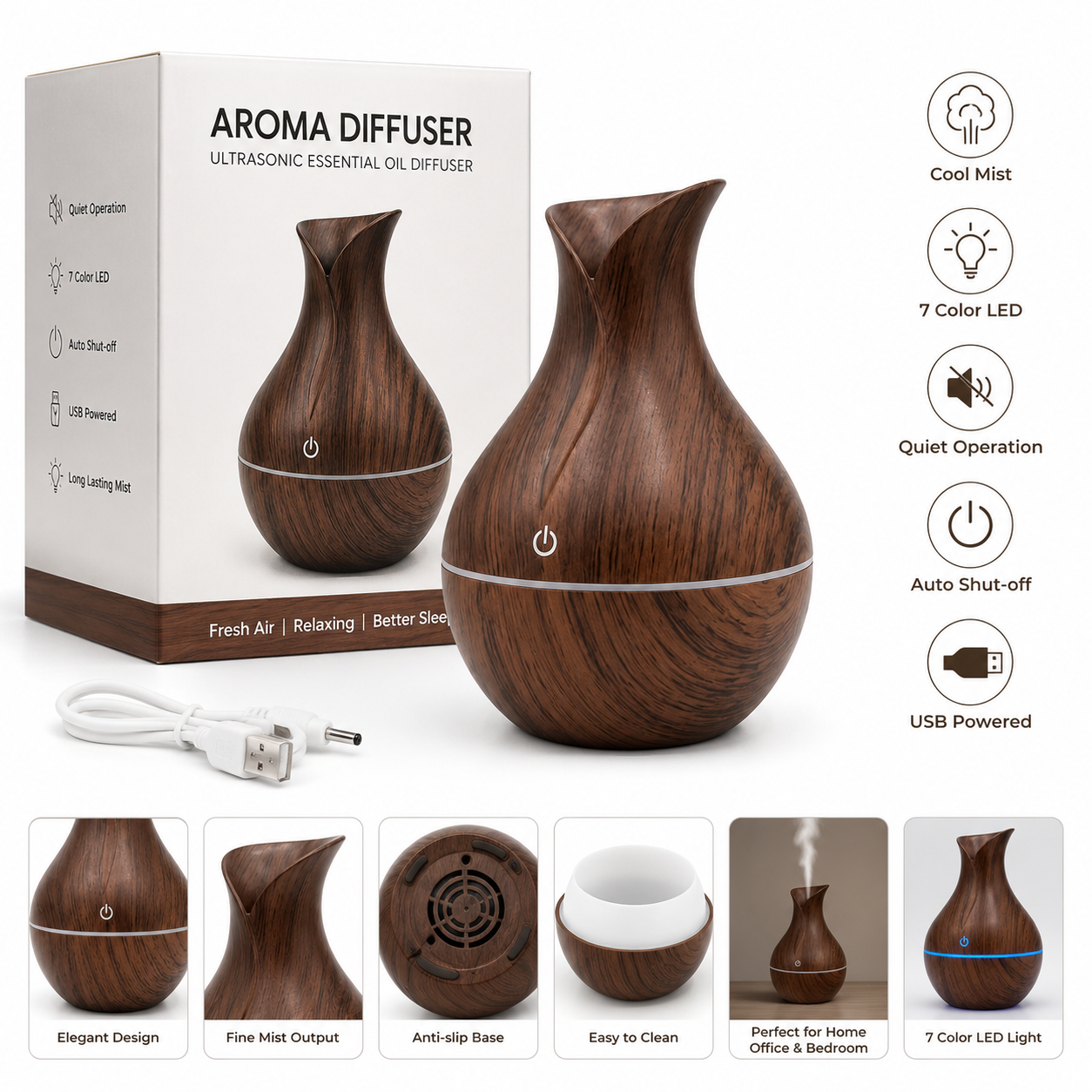 Wood Grain Ultrasonic Aroma Diffuser with 7 Color LED Light & Auto Shut-Off