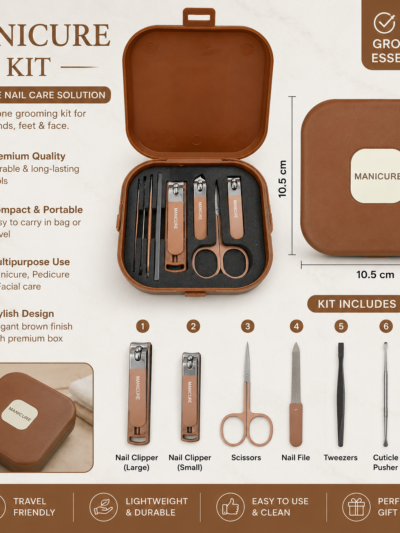 7-in-1 Premium Manicure & Pedicure Kit – Stainless Steel Nail Care Grooming Set with Portable Travel Case (Brown)