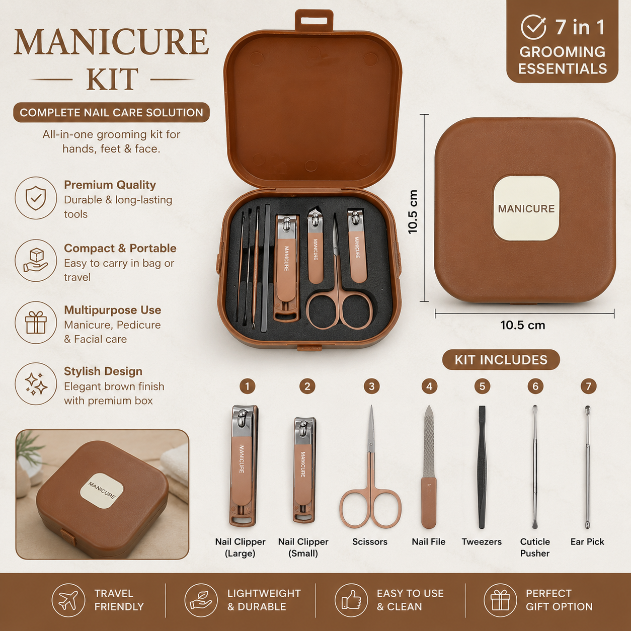 7-in-1 Premium Manicure & Pedicure Kit – Stainless Steel Nail Care Grooming Set with Portable Travel Case (Brown)