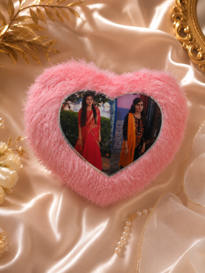 Custom Heart Shape Double Photo Fur Cushion – Personalized Soft Plush Gift Pillow