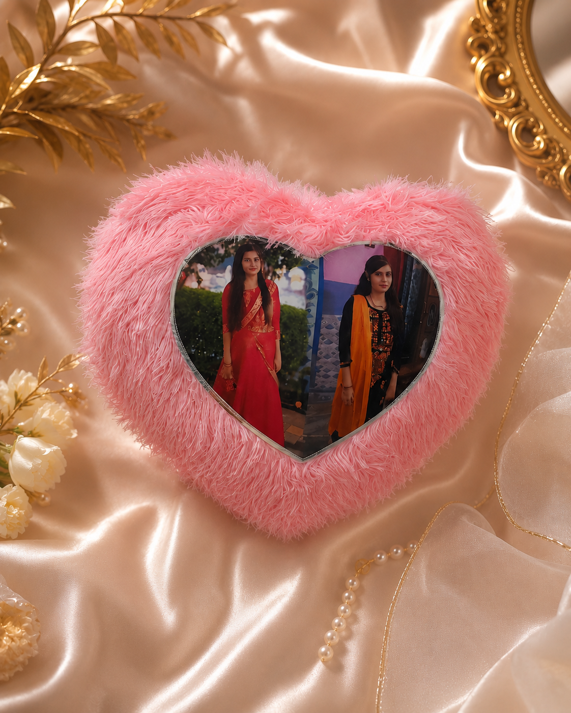 Custom Heart Shape Double Photo Fur Cushion – Personalized Soft Plush Gift Pillow